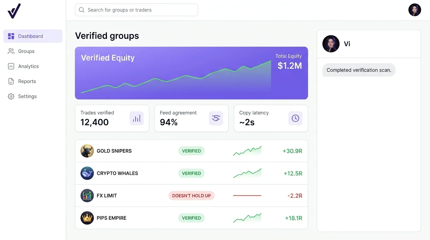 ViTrade dashboard with a group verification verdict